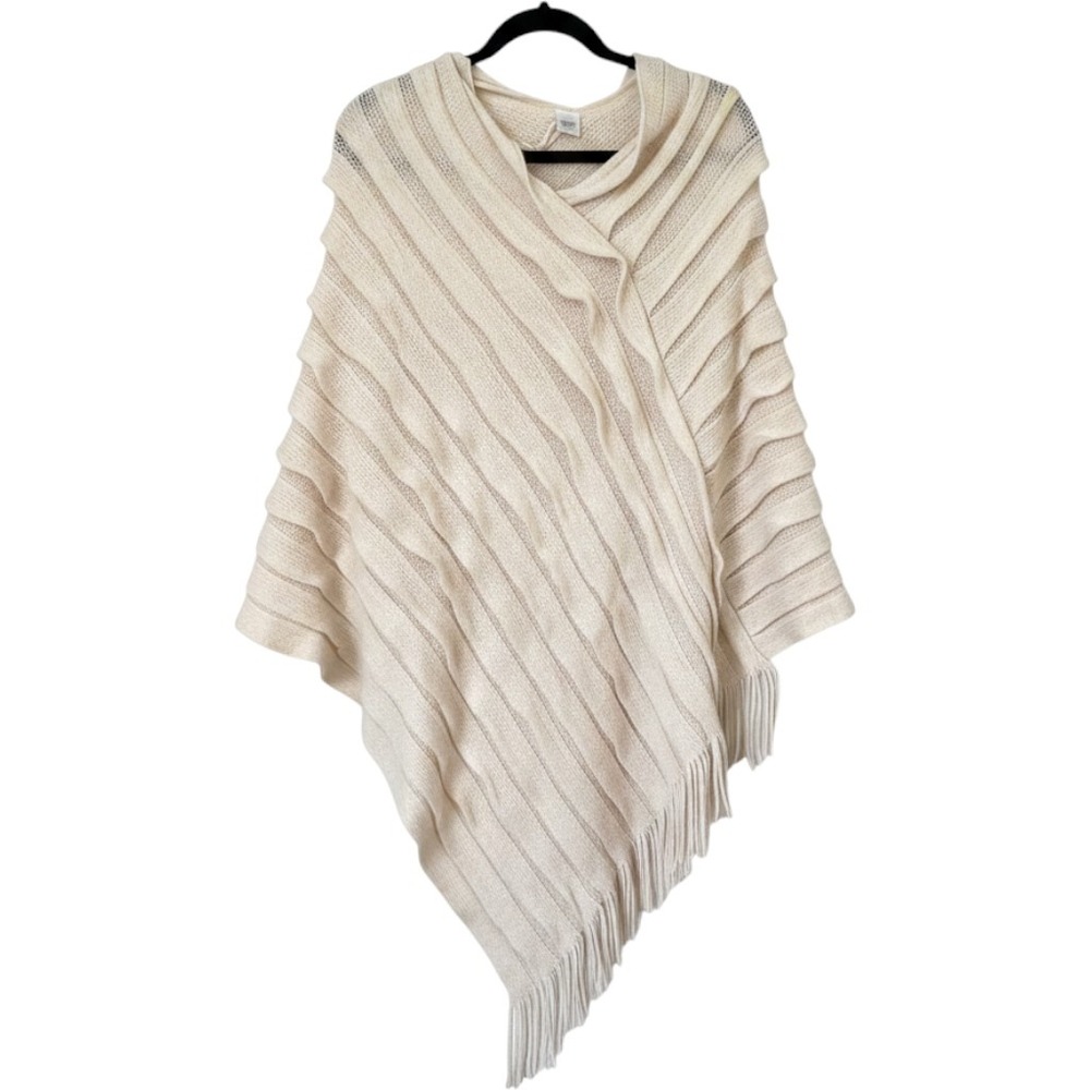 Dressbarn Womens Cream Knit Poncho Ruffle Fringe Asymmetrical boho One Size NEW